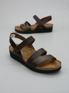 NAOT 40 Ladies 9 Kayla Brown Wedge Heels Slingback Hook Loop Strap Shoes Sandals